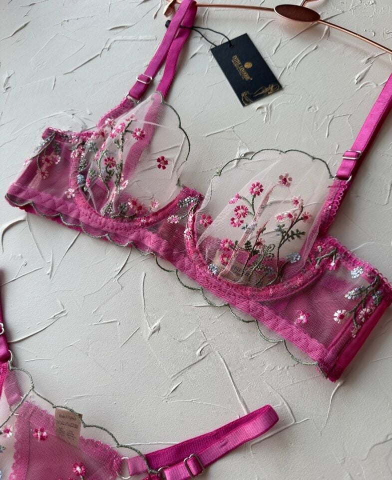 Victoria Barbie Transparan Çiçek Desenli Sütyen Takım Pembe - 90B