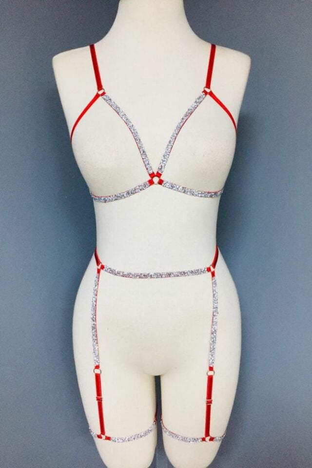 Ashlee Kadın Parlak Taşlı Bacak Aksesuarlı Jartiyer Sütyen Seksi Harness Takım Kırmızı - L
