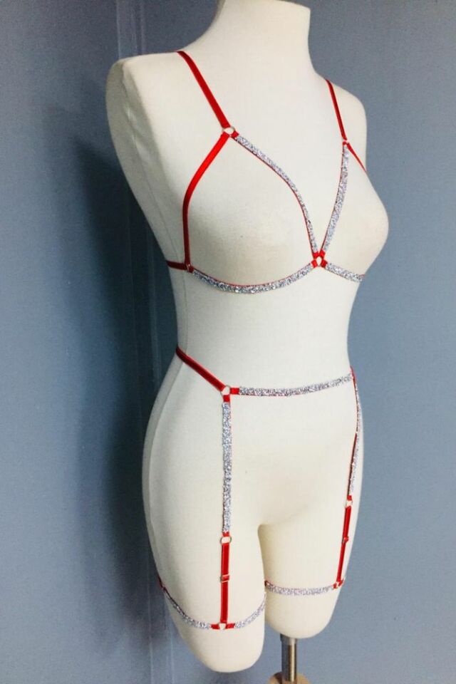 Ashlee Kadın Parlak Taşlı Bacak Aksesuarlı Jartiyer Sütyen Seksi Harness Takım Kırmızı - L