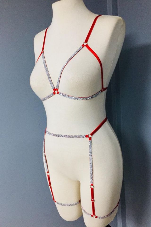 Ashlee Kadın Parlak Taşlı Bacak Aksesuarlı Jartiyer Sütyen Seksi Harness Takım Kırmızı - L