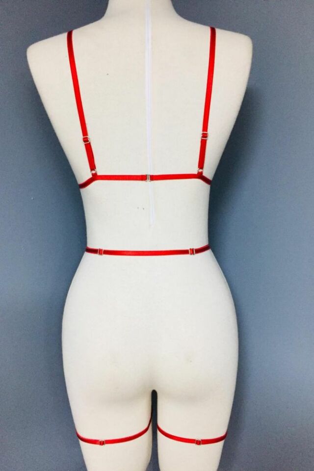 Ashlee Kadın Parlak Taşlı Bacak Aksesuarlı Jartiyer Sütyen Seksi Harness Takım Kırmızı - L