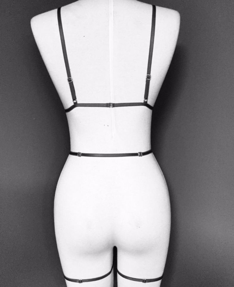 Ashlee Kadın Parlak Taşlı Bacak Aksesuarlı Jartiyer Sütyen Seksi Harness Takım Siyah - S