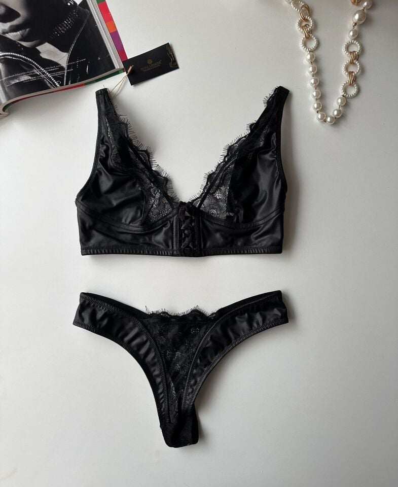 Kadın Tasarım Lateks Deri Önü Bağlama Detaylı Seksi Sütyen Takım (Çorap Hediyeli) - Rylee