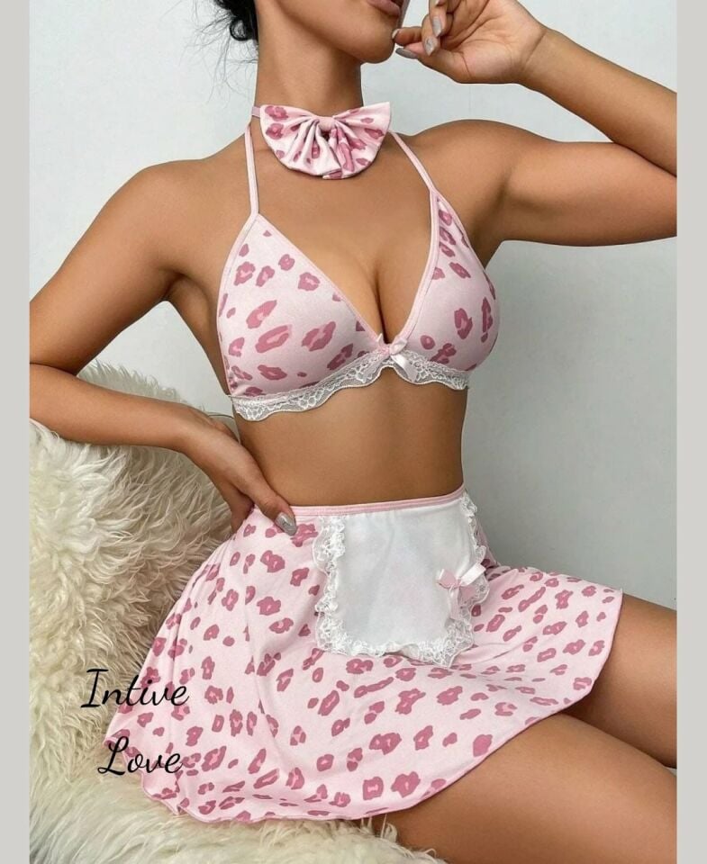 Intive Pembe Beyaz Dalmaçya Desenli Boyun Aksesuarlı Sütyen Etek Fantasy Takım Pembe - S/M