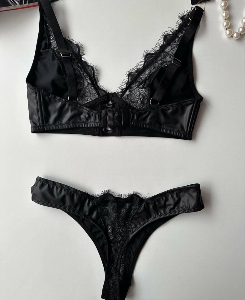 Kadın Tasarım Lateks Deri Önü Bağlama Detaylı Seksi Sütyen Takım (Çorap Hediyeli) - Rylee Siyah - L