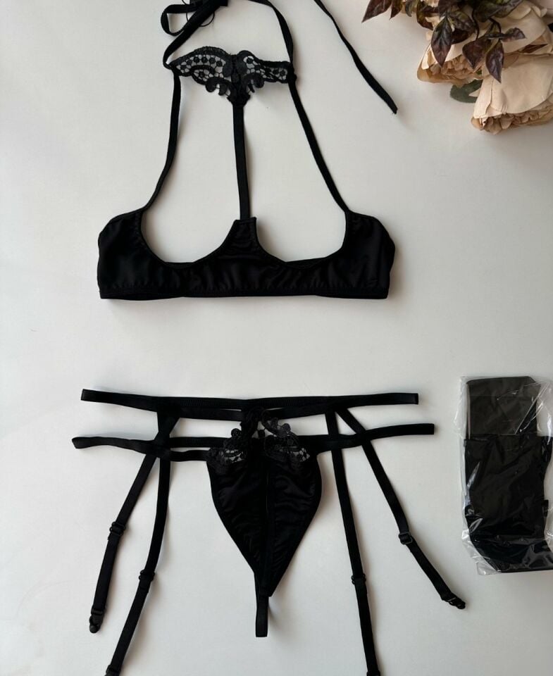 Göğüs ve Özel Bölge Dekolteli Dantel Detaylı Jartiyerli String Sütyen Takım -8293 Siyah - L