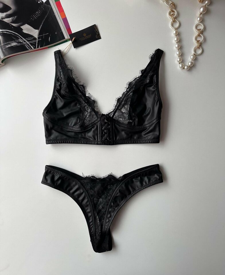Kadın Tasarım Lateks Deri Önü Bağlama Detaylı Seksi Sütyen Takım (Çorap Hediyeli) - Rylee Siyah - XL
