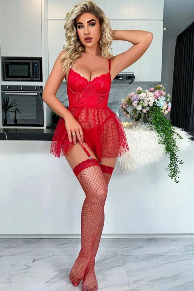YNT Kırmızı Kalp Desenli Askılı Gecelik 15592 Kırmızı - 2XL-3XL