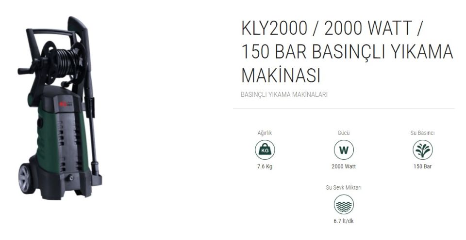 KLPRO KLY2000 / 2000 Watt / 150 Bar Basınçlı Yıkama Makinası