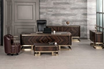 Walnut Bronz Metal Ayaklı Ahşap Makam Takımı