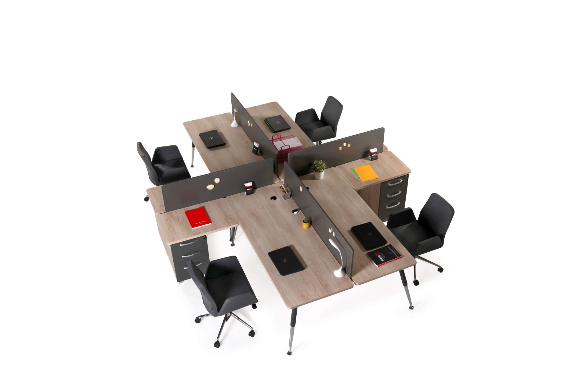 Bote L Etajerli Dörtlü Workstation