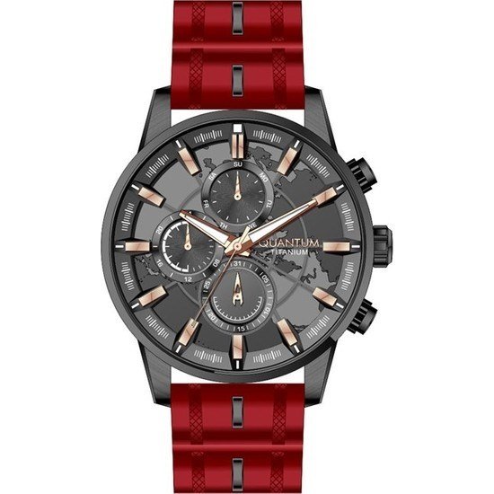 Quantum TTG1037.068 Quartz Titanyum Kasa Silikon Kırmızı Multifonksiyon 45 mm Erkek Kol Saati