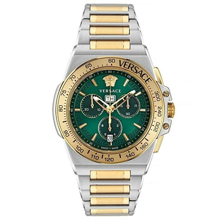 Versace VRSCVE7H00523 Quartz Swiss Made Çelik Altın/Gri Safir Cam Yeşil Kadran 45 mm Erkek Kol Saati