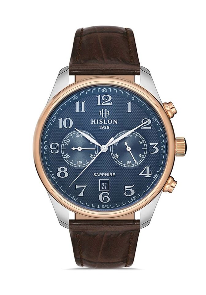Hislon DT113T-11KR Japon Analog Deri Kahverengi Lacivert Kadran 44 mm Erkek Kol Saati
