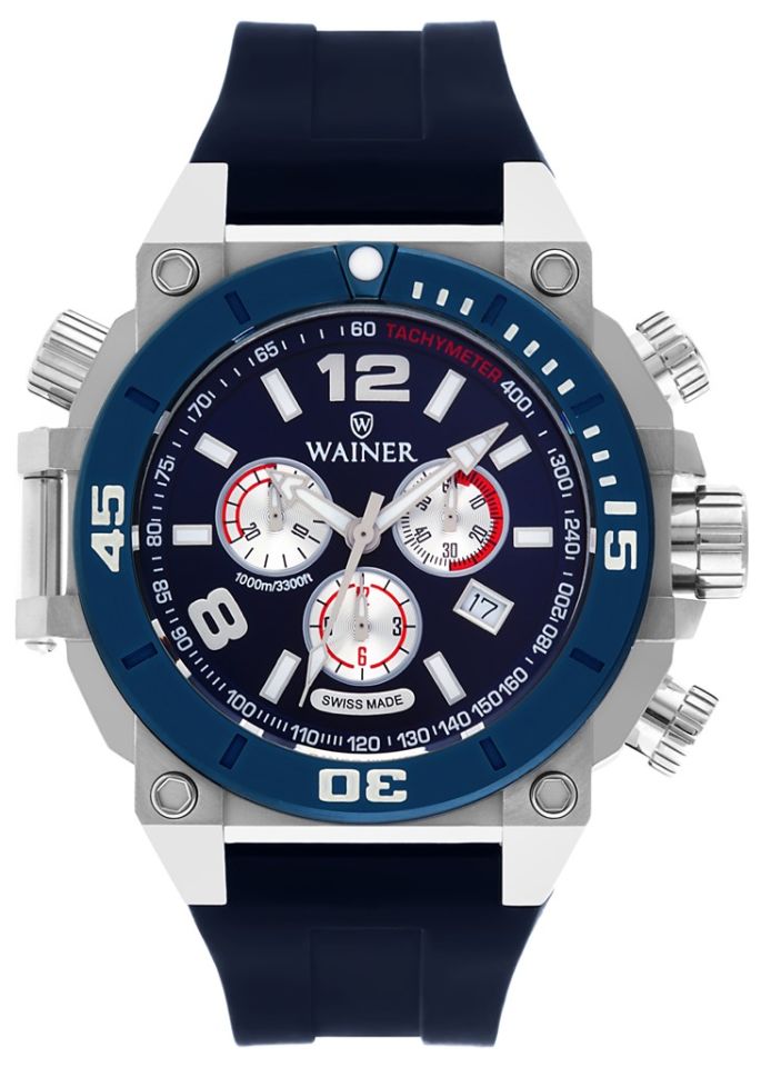 Wainer WA.10920-G Quartz Lacivert Silikon Kordonlu Kronolu 50 mm Erkek Kol Saati