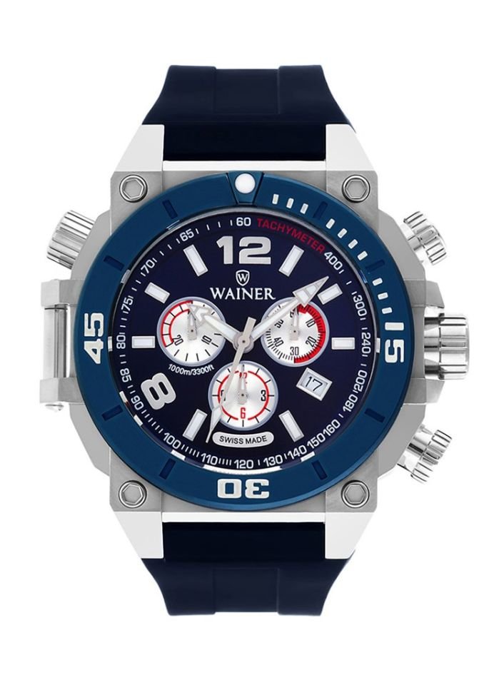 Wainer WA.10920-G Quartz Lacivert Silikon Kordonlu Kronolu 50 mm Erkek Kol Saati