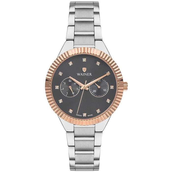 Wainer WA.18038-E Quartz Swiss Made Çelik Gri Siyah Kadran 37 mm Kadın Kol Saati