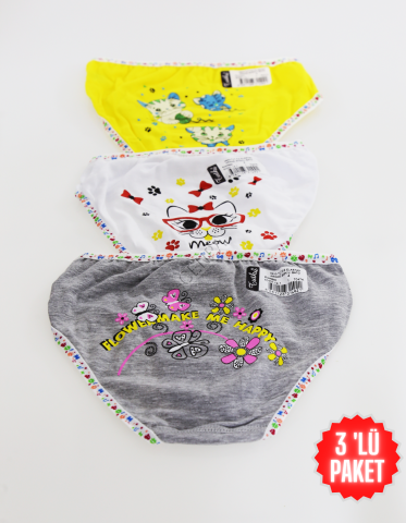 Tutku Çocuk Kız Renkli Slip 3'lü Paket Gri-Beyaz-Sarı