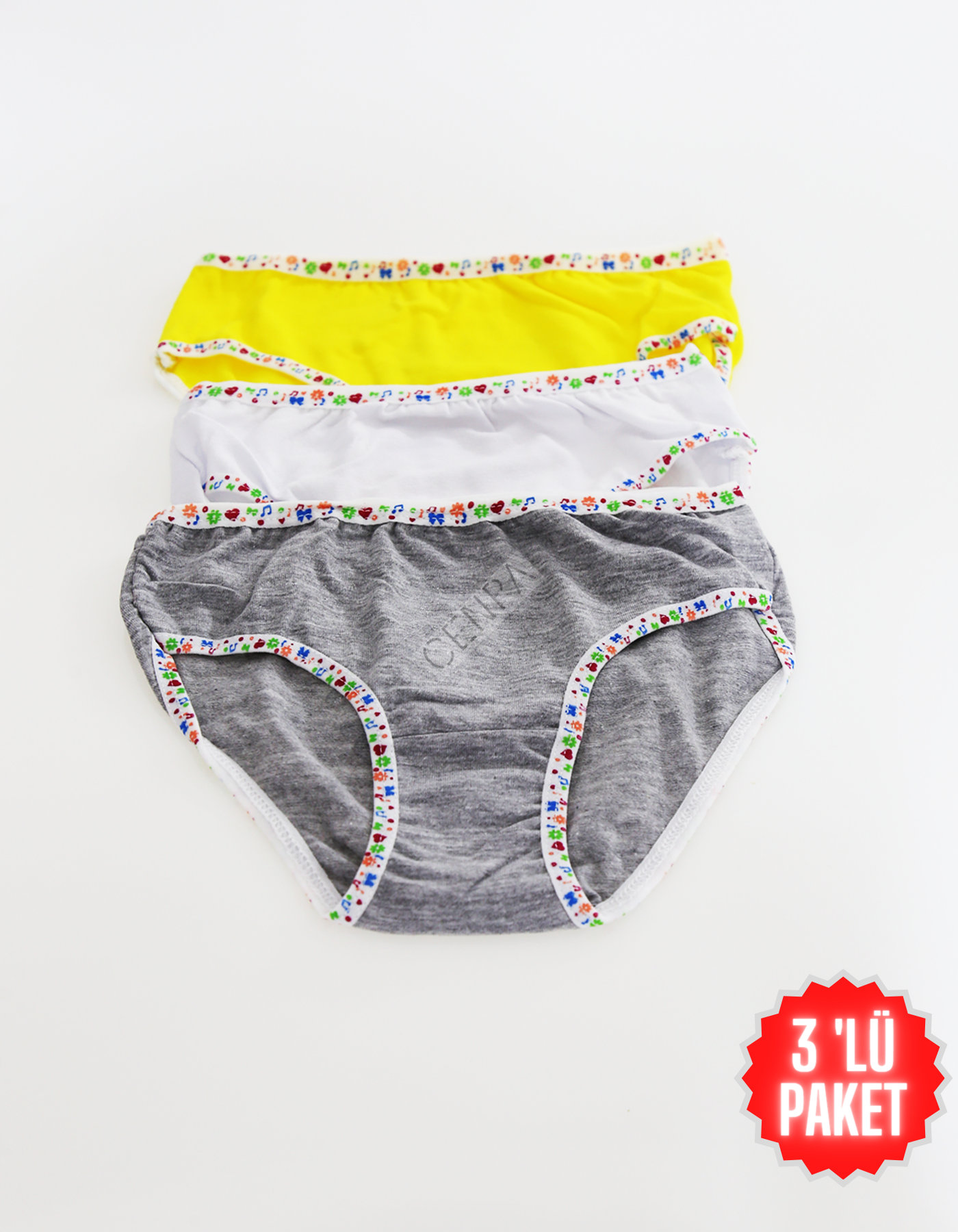 Tutku Çocuk Kız Renkli Slip 3'lü Paket Gri-Beyaz-Sarı