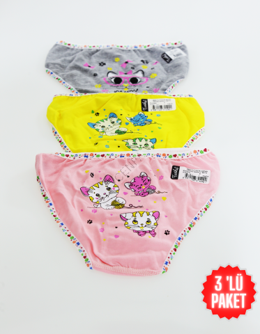 Tutku Çocuk Kız Renkli Slip 3'lü Paket Gri-Pembe-Sarı