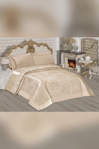 Pirestij Sultan Fransız Dantelli Pike Takımı Yatak Örtüsü Cappuccino