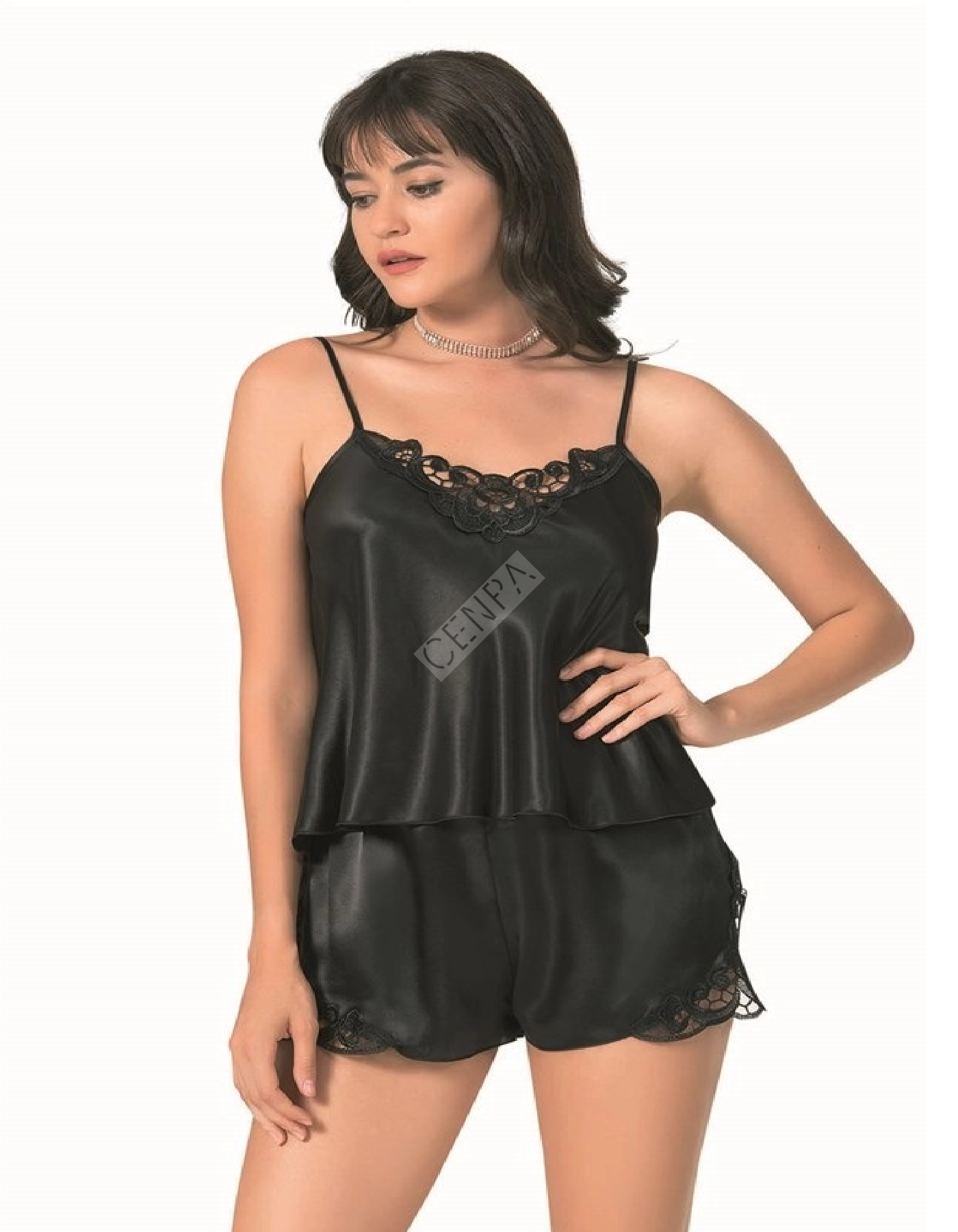 Ahu Siyah Saten Babydoll Şort Takımı-0025