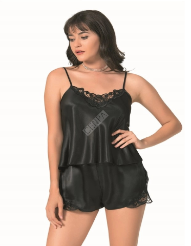 Ahu Siyah Saten Babydoll Şort Takımı-0025