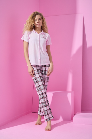 Arcan Pijama Desenli Pembe Pijama Takımı-90101-3