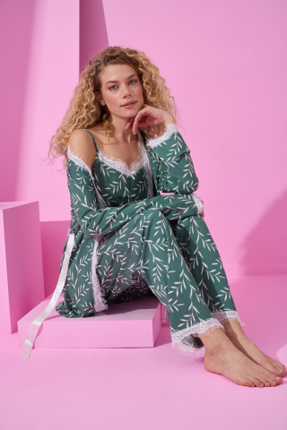 Arcan Pijama Yeşil Desenli Sabahlıklı Pijama Takımı-80118-3