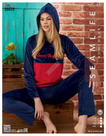 seamlife homewear Kadın Kapüşonlu Kadife Pijama Takımı