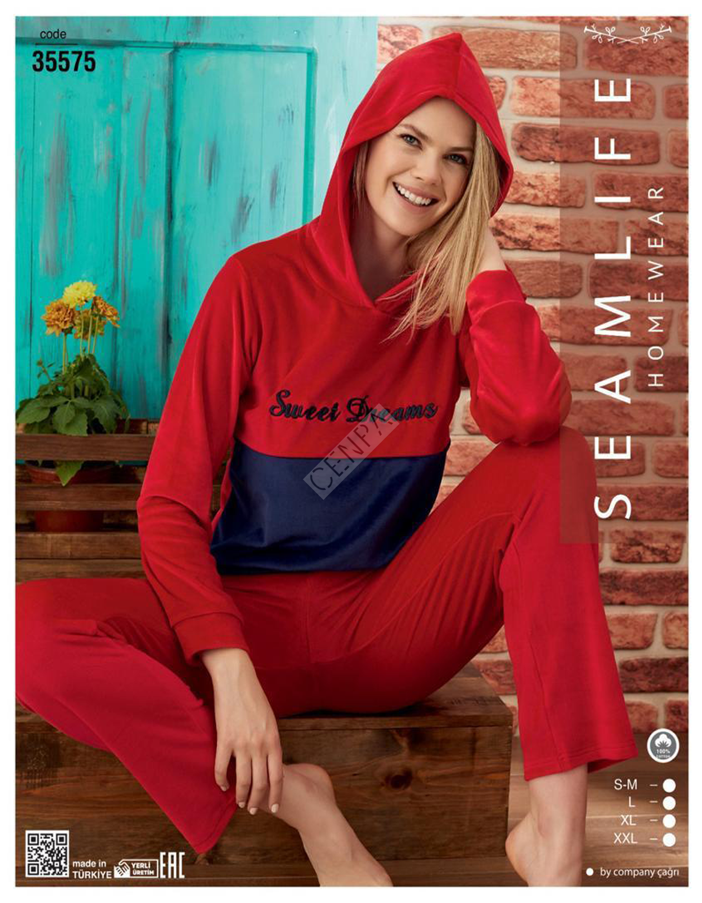 seamlife homewear Kadın Kapüşonlu Kadife Pijama Takımı