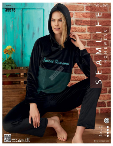 seamlife homewear Kadın Kapüşonlu Kadife Pijama Takımı