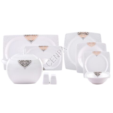 Emsan Fine Bone Fiore Gold 12 Kişilik 61 Parça Porselen Kare Yemek Takımı-2219