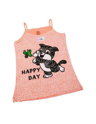 Biyokids Kız Çocuk İp Askılı 8-9 yaş Turuncu kedi Renkli Baskılı Atlet