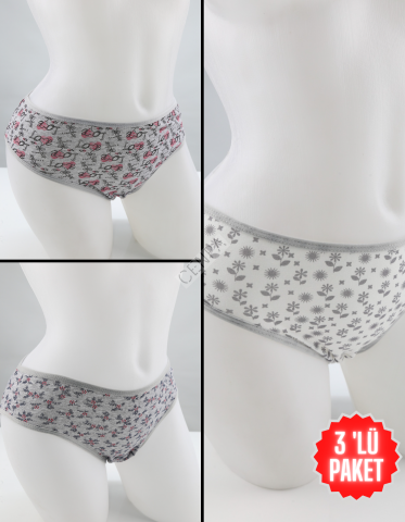 Ella west Bayan 3 'lü Paket Pamuklu Slip Gri