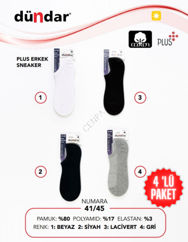 Dündar Erkek Plus Sneaker Çorap 4 'lü Paket