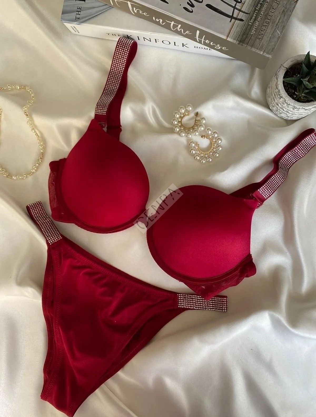 Cansoy Diva Destekli Double Push Up Taşlı Vişne Sütyen Takımı -663