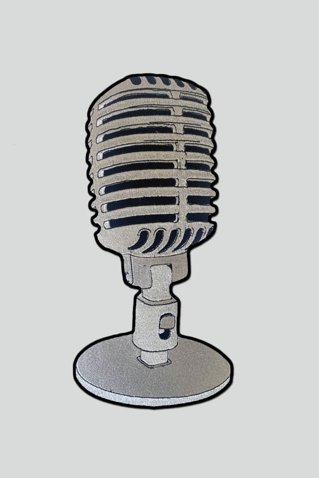 GRİ MİKROFON - Büyük - Yapışkan Nakışlı Arma, Patch, Yama, Keçe üstüne işleme
