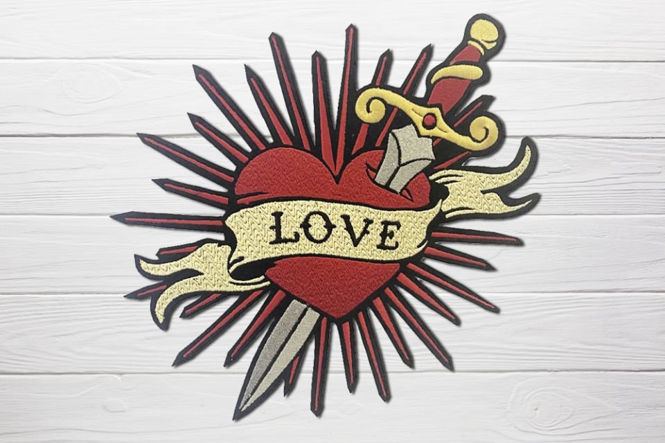 Hançerli Kalp, Loveheart, Nakışlı Yapışkanlı Arma, Peç, Yama, Sırt için