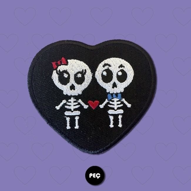 Siyah Kalp İskelet Aşıklar Nakışlı Yapışkan Arma / Patch / Yama