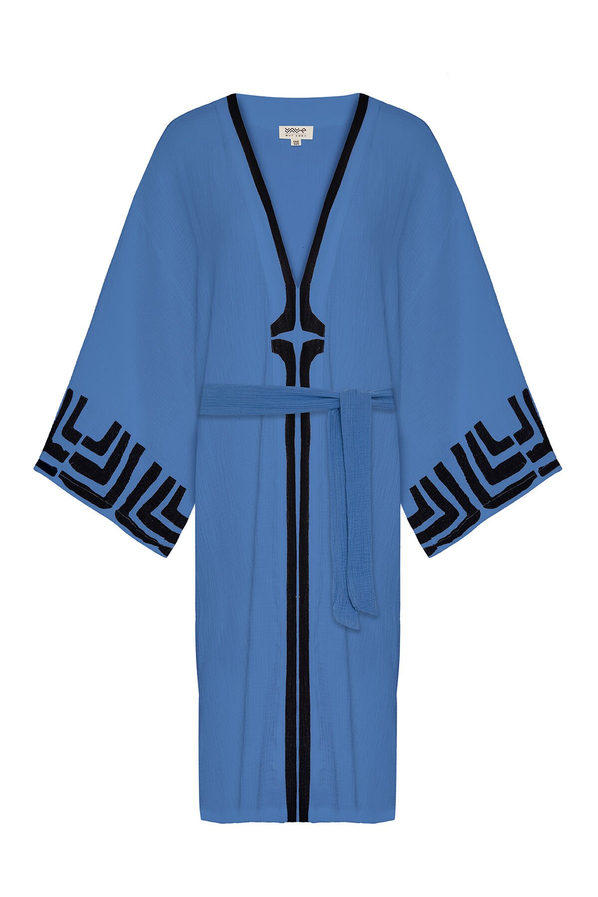 Uzun Müslin Kimono Mavi Labirent Desen