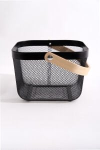 Multipurpose Metal Organizing Storage Basket with Wooden Handle Black