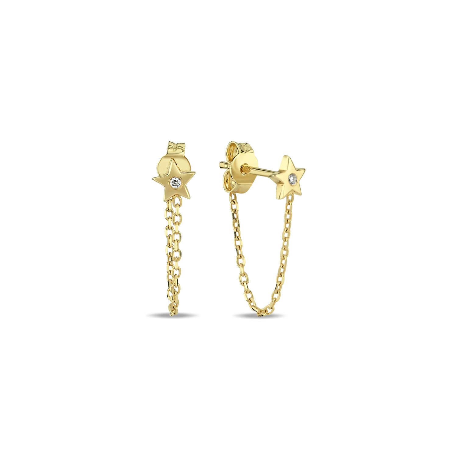 14K MINI STONE CHAIN DIAMOND STONE STUD EARRINGS