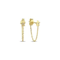 14K MINI STONE CHAIN DIAMOND STONE STUD EARRINGS