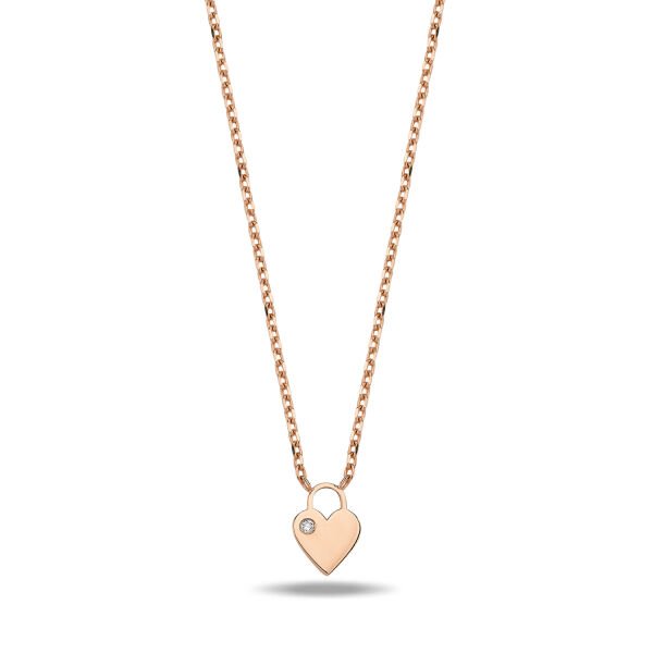 14K MINI HEART SHAPE LOCK DIAMOND STONE NECKLACE