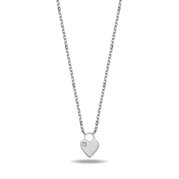 14K MINI HEART SHAPE LOCK DIAMOND STONE NECKLACE