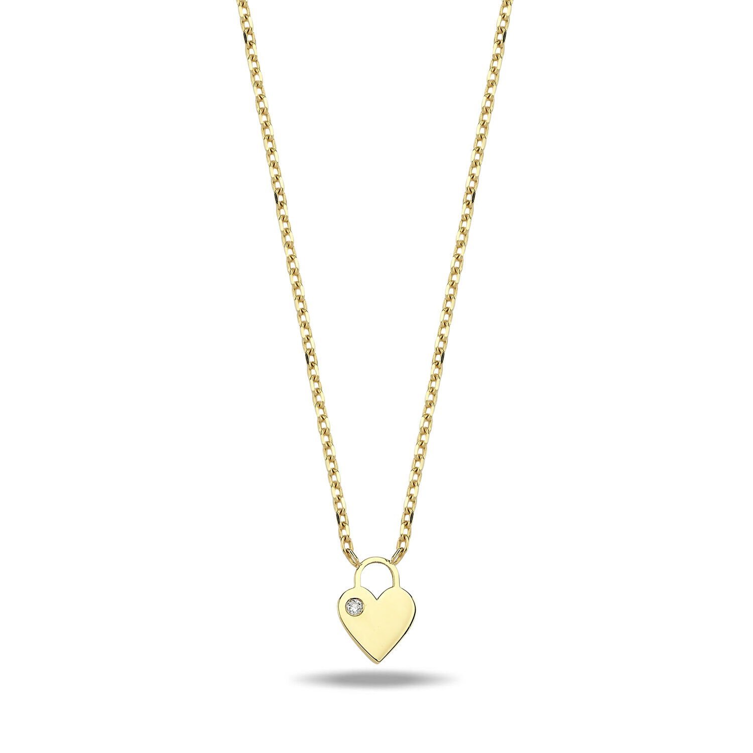 14K MINI HEART SHAPE LOCK DIAMOND STONE NECKLACE