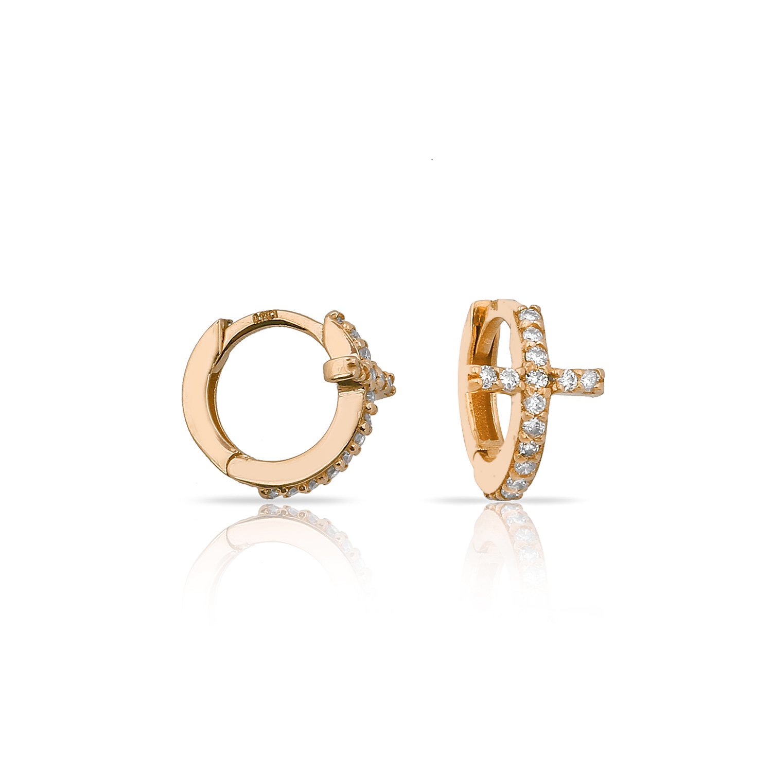 14K CROSS DIAMOND STONES HUGGIE EARRINGS