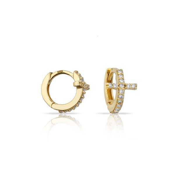 14K CROSS DIAMOND STONES HUGGIE EARRINGS