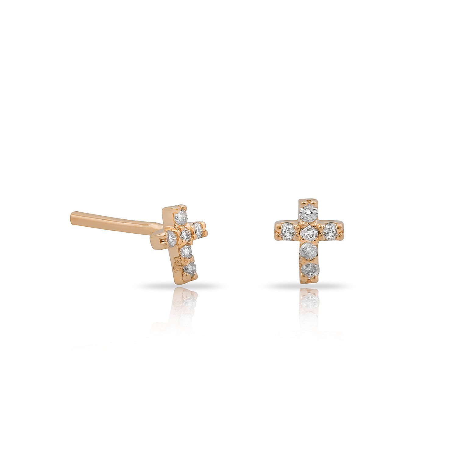 14K MINI CROSS DIAMOND STONES STUD EARRINGS